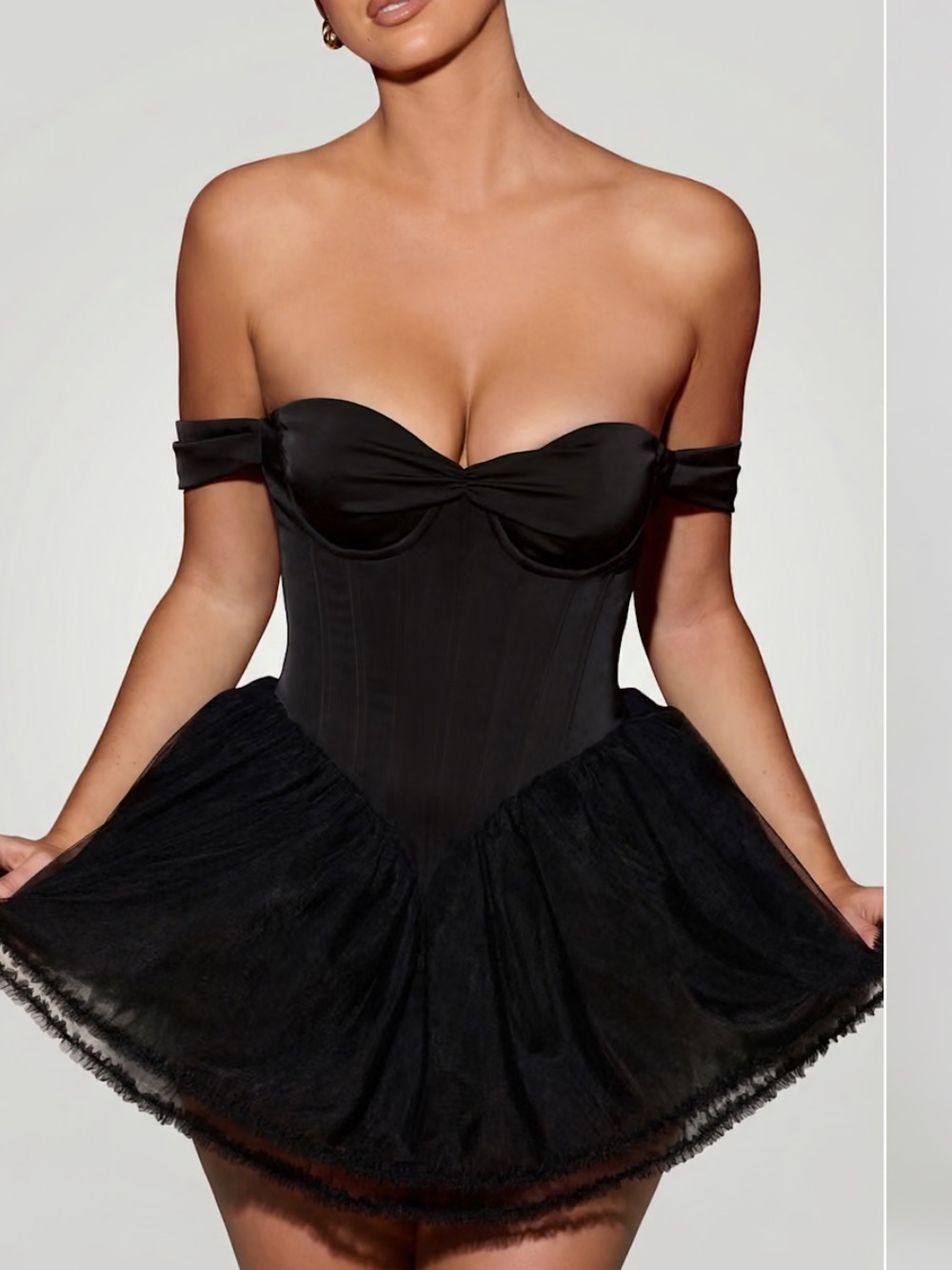 Oh Polly Black Off-Shoulder Corset Tulle Mini Dress